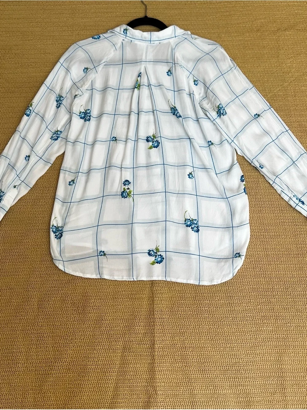 Lightweight White Button-Up with Blue Floral Grid